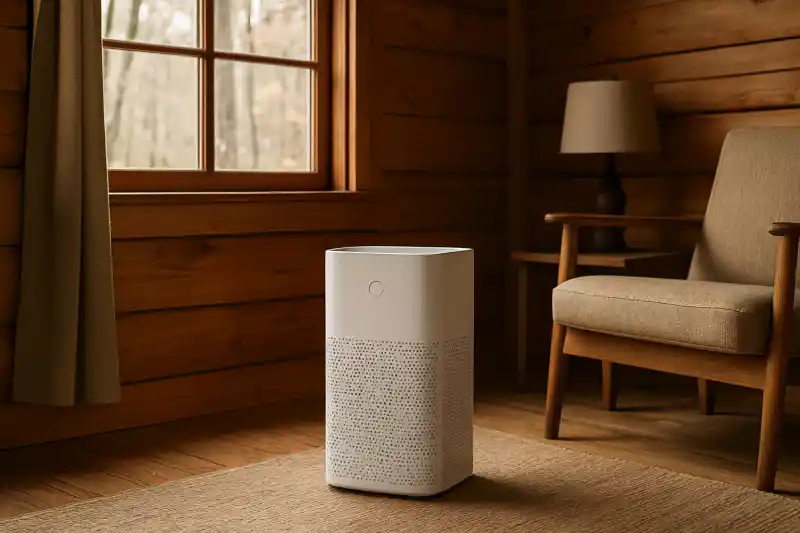 Editorial photograph of a compact air purifier placed with open space around it in a small cabin room