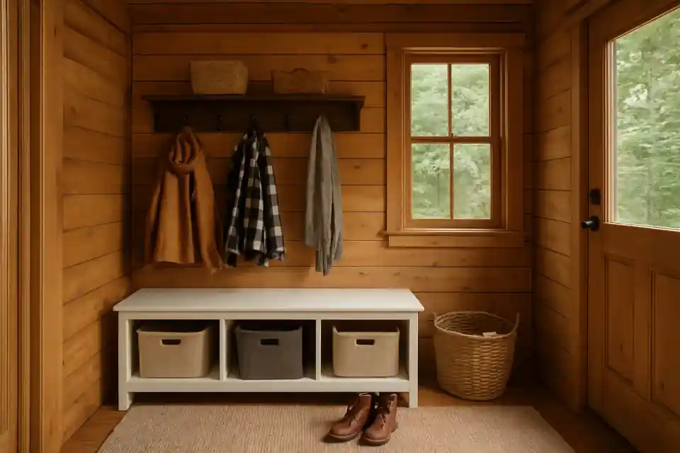 Photo related to entryway storage small cabin mudroom