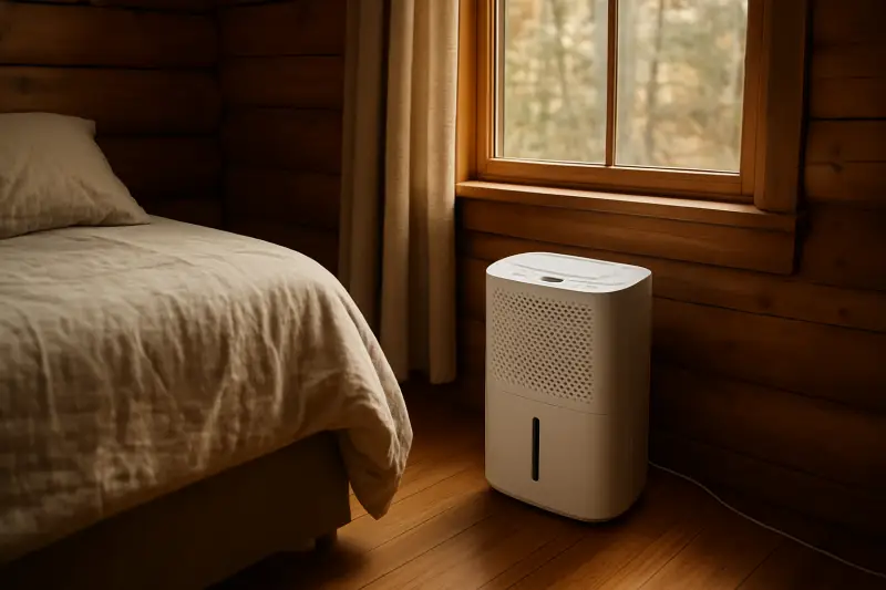 Editorial photograph of a compact dehumidifier running in a cabin bedroom near a window