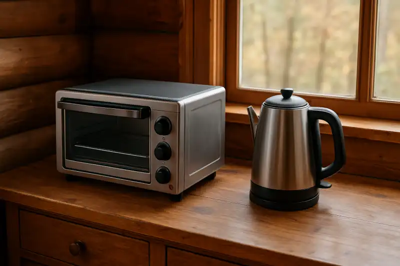 Editorial photograph of a compact toaster oven and kettle on a small cabin kitchen counter