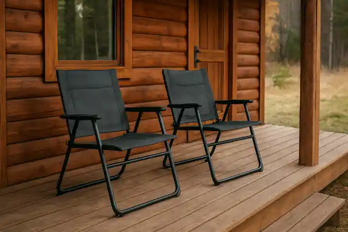 Editorial photograph of folding porch chairs arranged on a small cabin deck