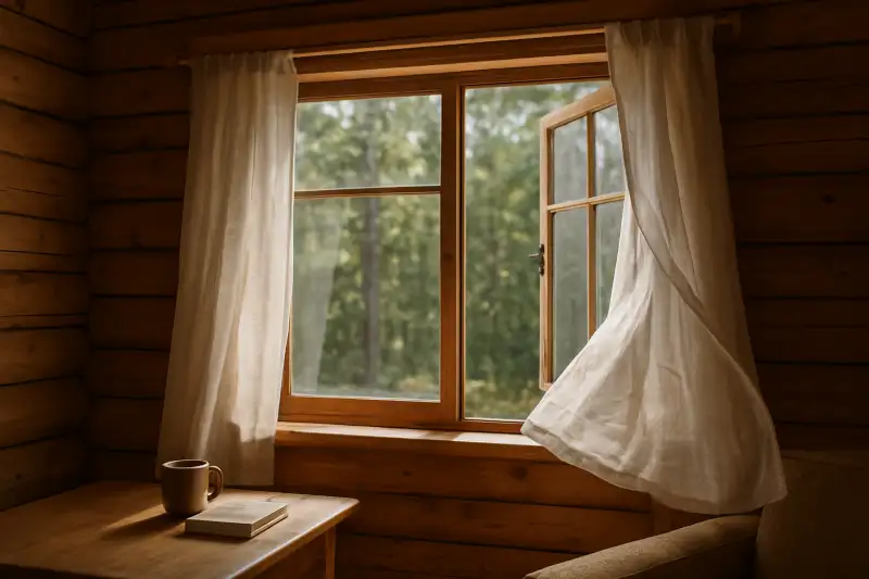 Editorial photograph of a cabin window opened to let in fresh air and morning light