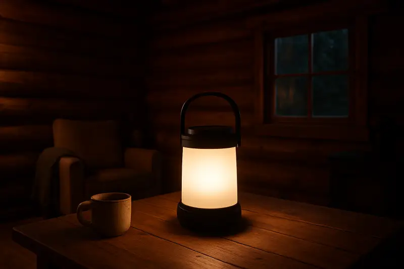 Editorial photograph of a warm rechargeable lantern lighting a dark cabin interior in the evening