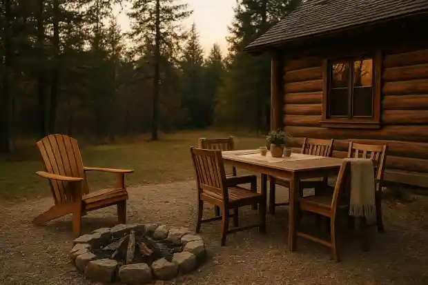 Editorial photograph of an outdoor seating and dining setup near a cabin firepit area at dusk