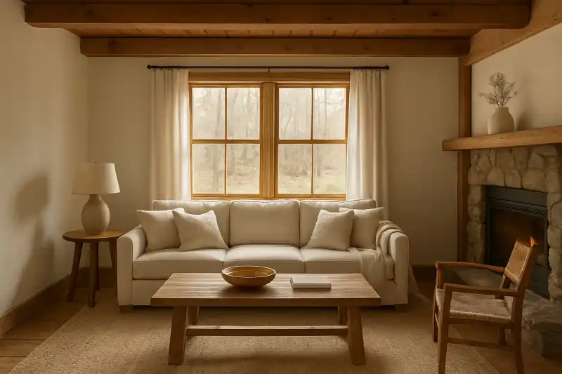 Editorial photograph of a bright cabin living room balancing rustic wood accents with light wall tones