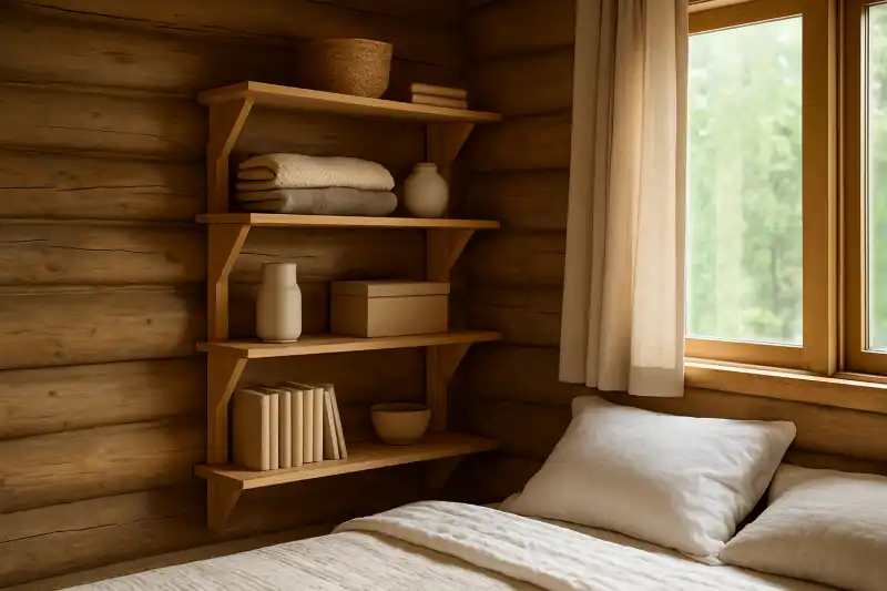 Editorial photograph of vertical wall shelving organizing a small cabin bedroom without using floor space