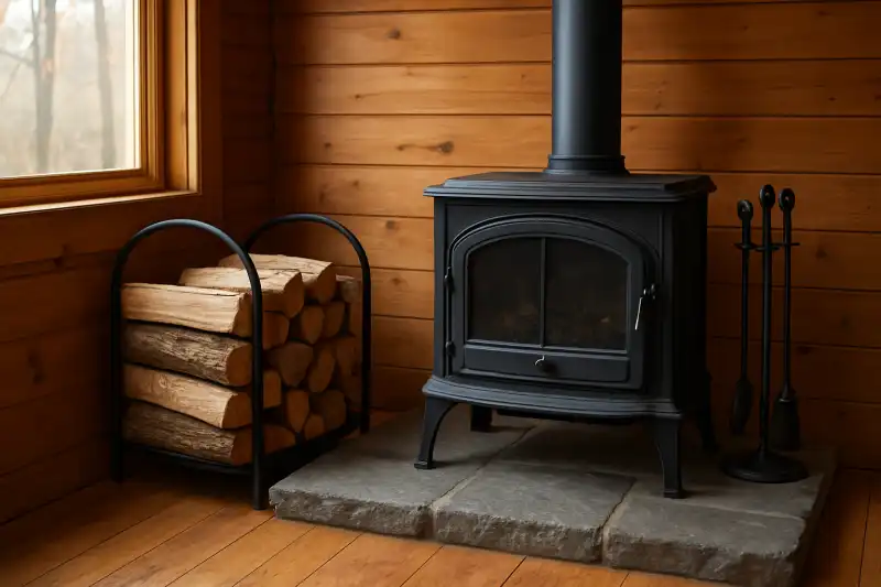 Editorial photograph of an organized wood-stove hearth area with a tidy firewood rack and hearth tools