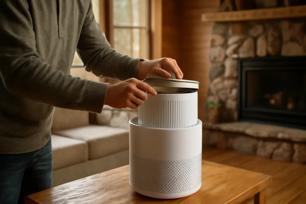 Editorial photograph of hands replacing the filter inside a compact air purifier in a cabin living room