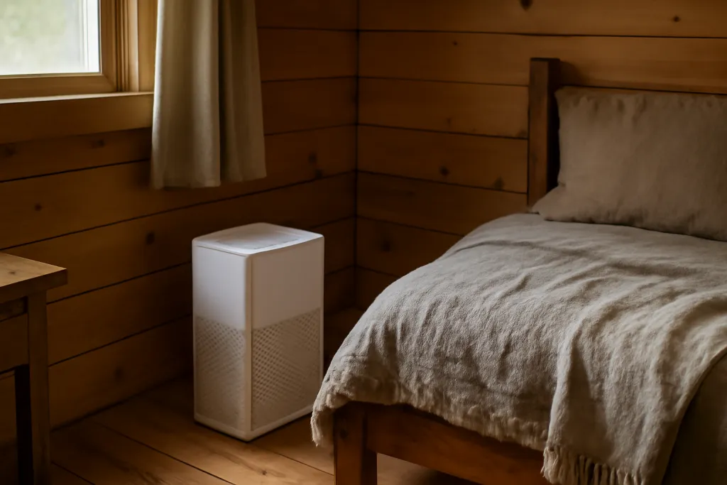 Editorial photograph of a correctly sized small air purifier placed in the corner of a small cabin bedroom
