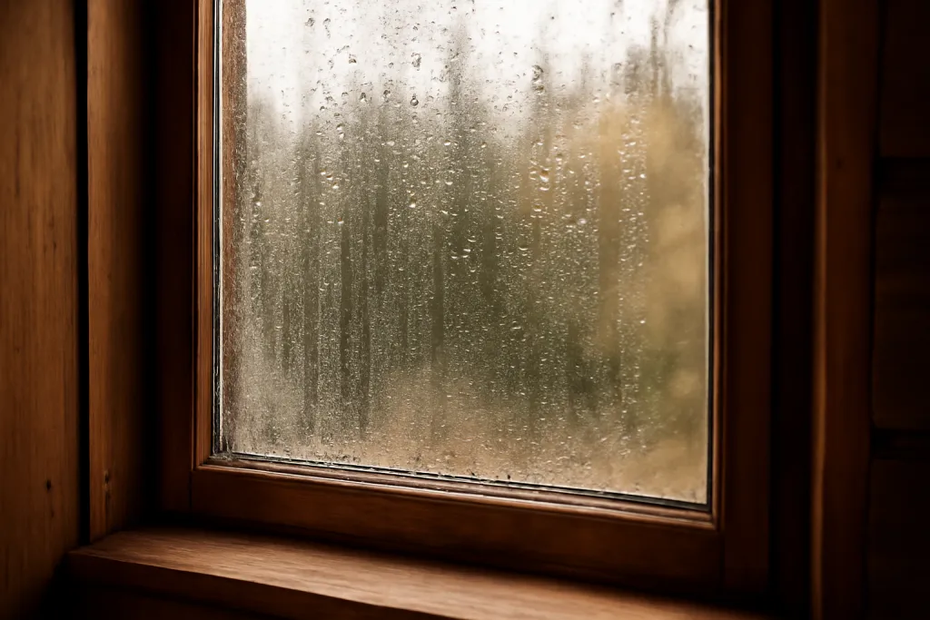 Editorial photograph of realistic condensation and water droplets on the inside of a cabin window