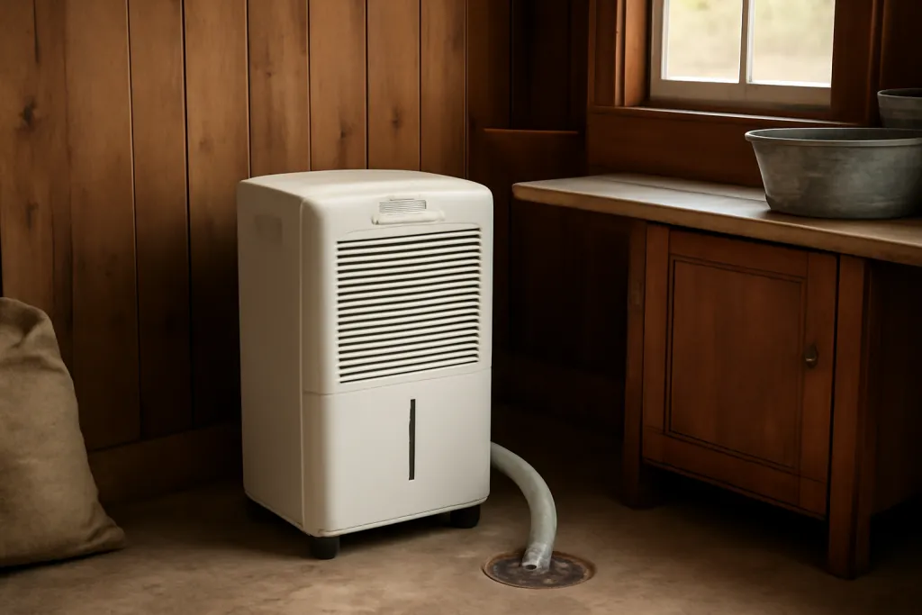 Editorial photograph of a dehumidifier's continuous drain hose routed toward a floor drain in a cabin utility room