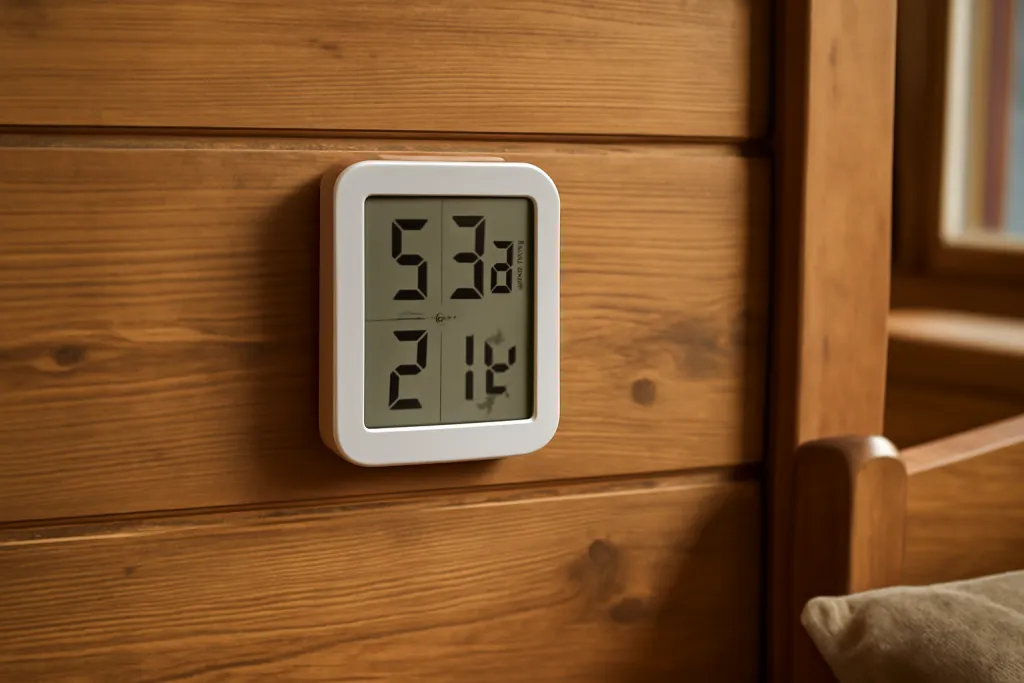 Editorial photograph of a small digital hygrometer mounted on a cabin bedroom wall at eye level