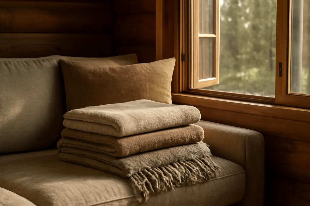Editorial photograph of cabin sofa cushions and folded throws airing out in sunlight near an open window
