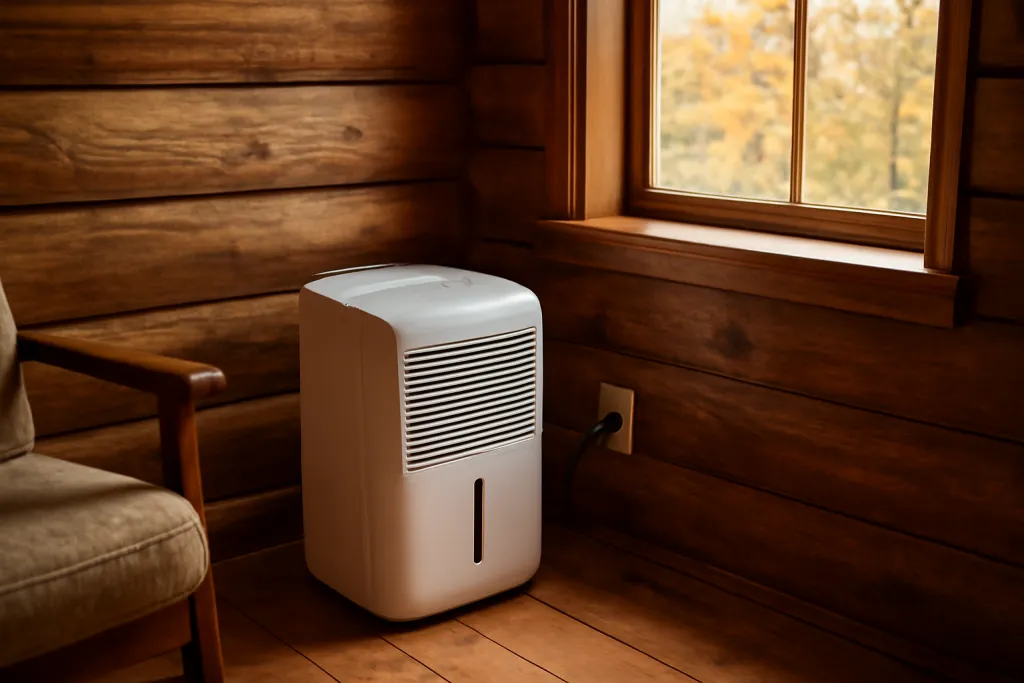 Editorial photograph of a small compact dehumidifier operating in the corner of a one-room cabin