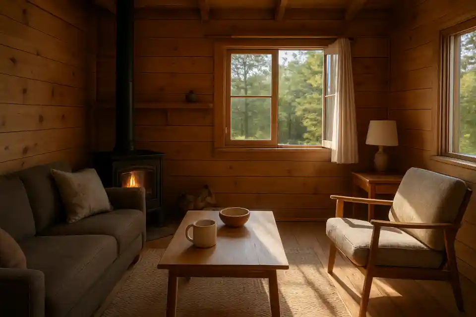 Editorial photograph of a warm cabin living room with morning light, natural wood tones, and an open window for fresh air