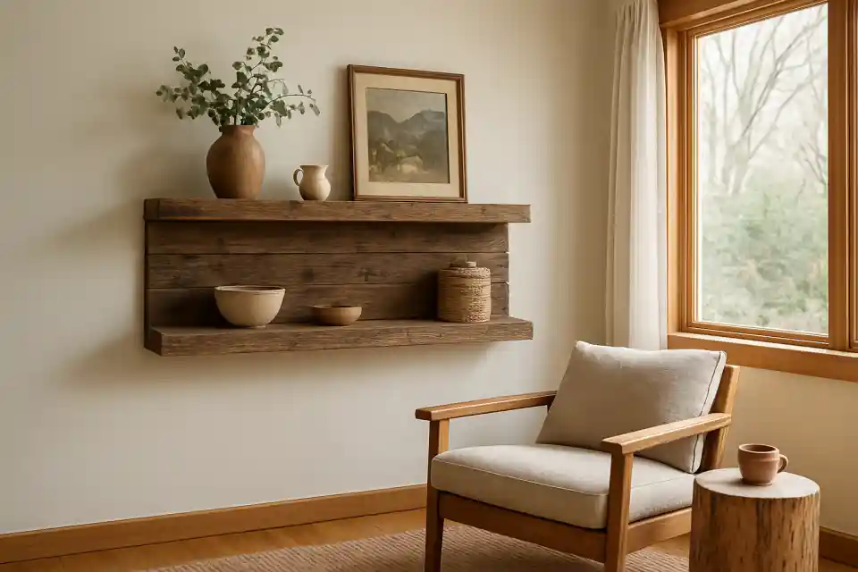 Editorial photograph (generic category image, not the exact linked listing) representing reclaimed-style wood accent shelf
