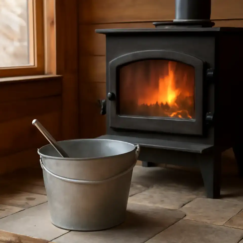 AI-generated editorial product photograph (not the exact linked listing) of ash bucket and shovel set