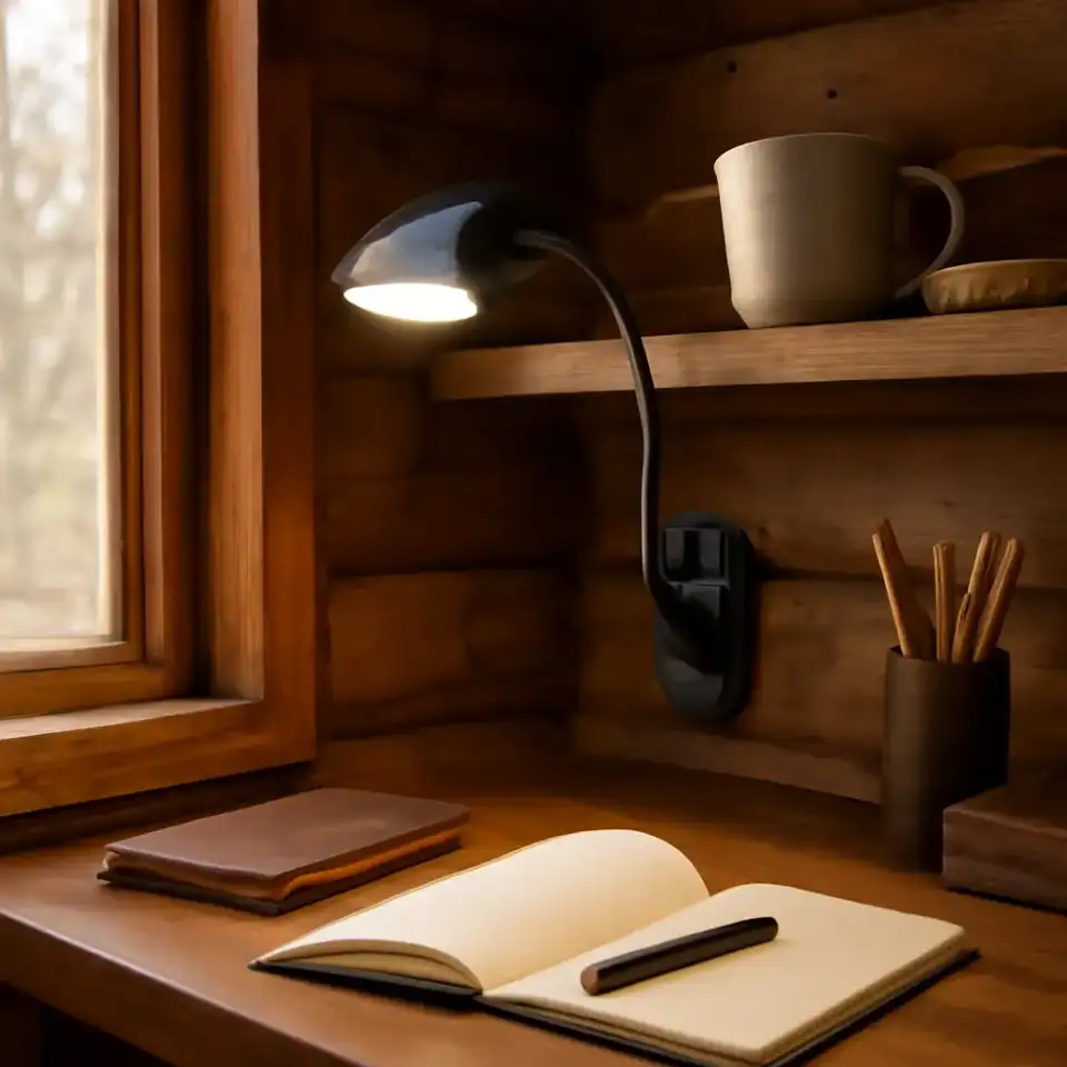 AI-generated editorial product photograph (not the exact linked listing) of battery-powered task light