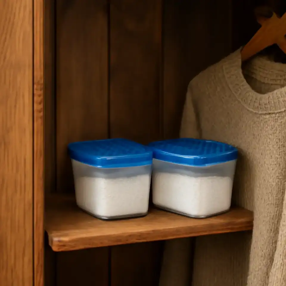 AI-generated editorial product photograph (not the exact linked listing) of closet and cabinet moisture absorbers