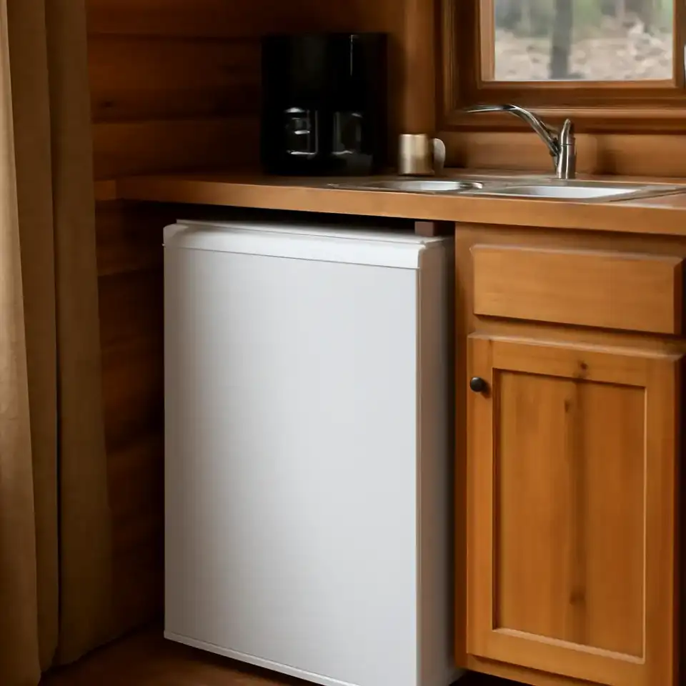 AI-generated editorial product photograph (not the exact linked listing) of compact refrigerator