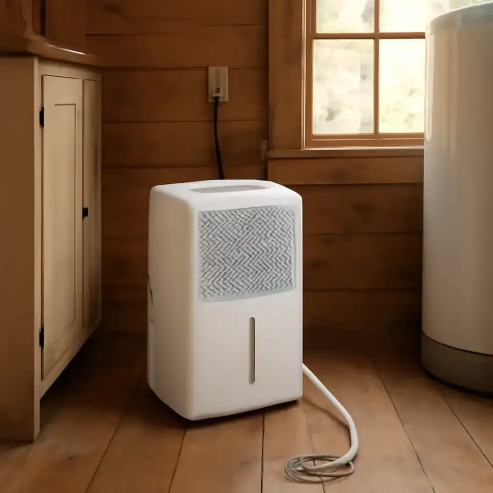AI-generated editorial product photograph (not the exact linked listing) of continuous-drain dehumidifier