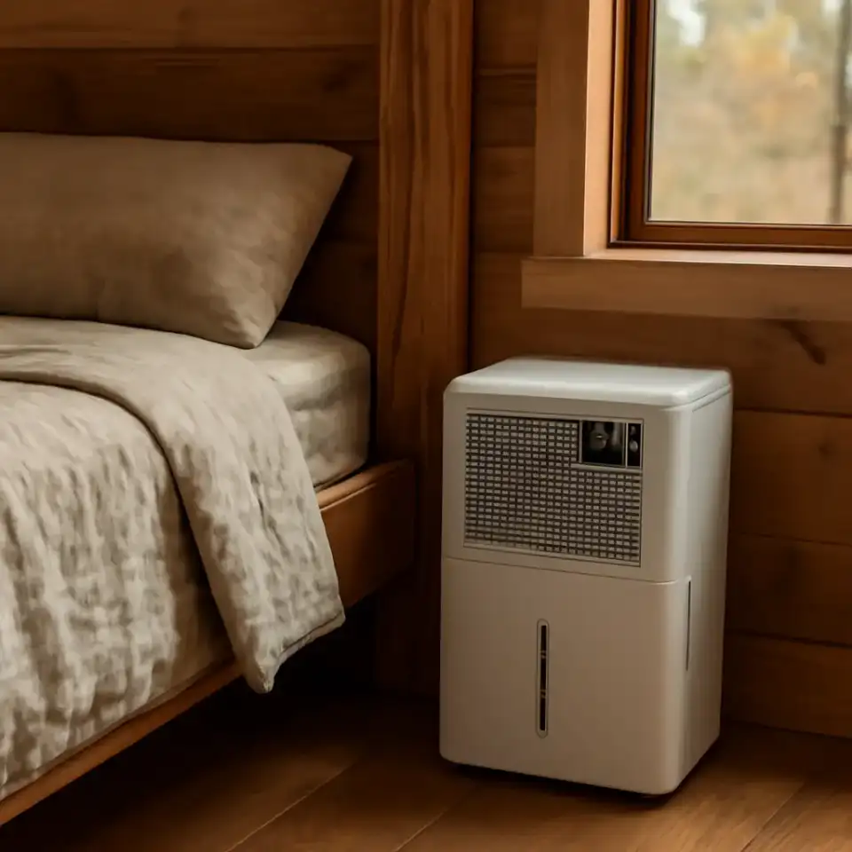 AI-generated editorial product photograph (not the exact linked listing) of dehumidifier with humidistat control