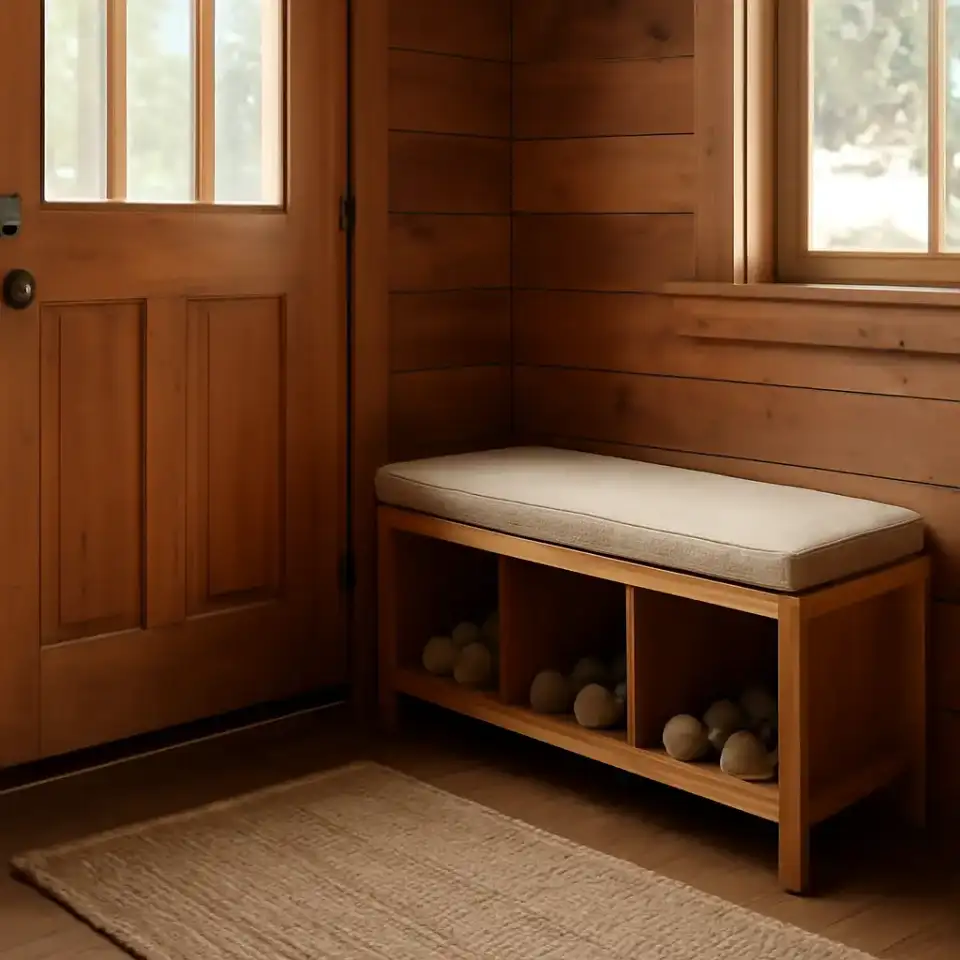 AI-generated editorial product photograph (not the exact linked listing) of entryway storage bench