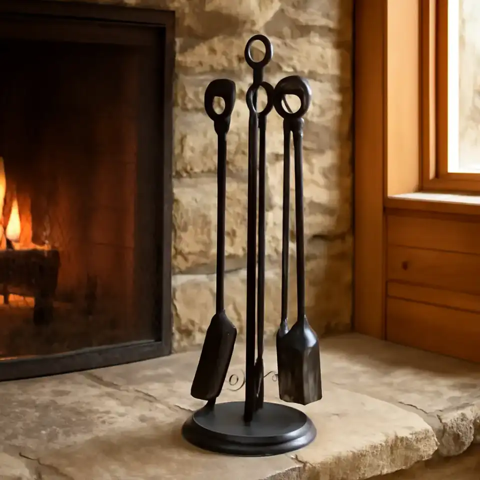 AI-generated editorial product photograph (not the exact linked listing) of fireplace tool set