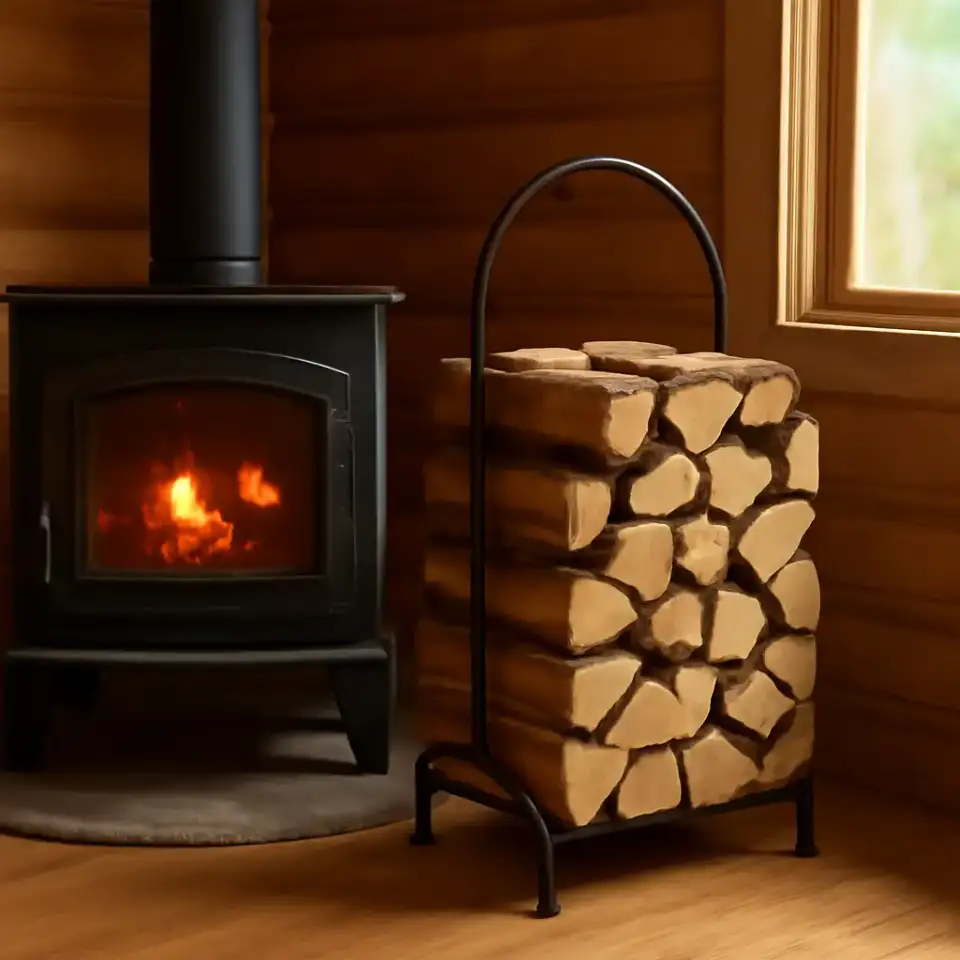 AI-generated editorial product photograph (not the exact linked listing) of indoor firewood rack