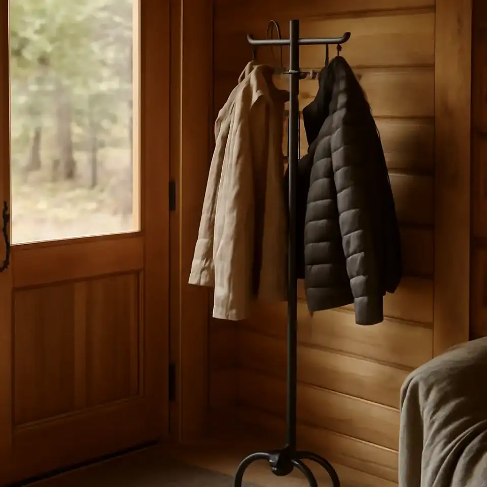 AI-generated editorial product photograph (not the exact linked listing) of iron and wood coat rack