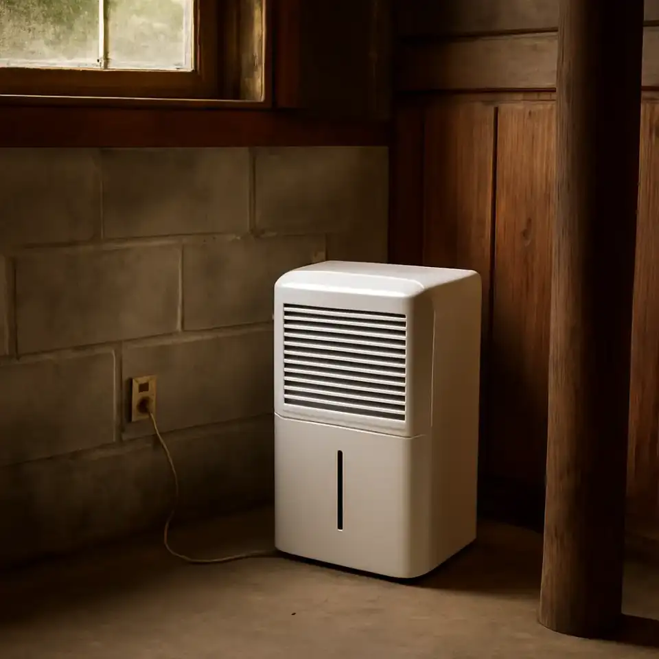 AI-generated editorial product photograph (not the exact linked listing) of low-temperature dehumidifier