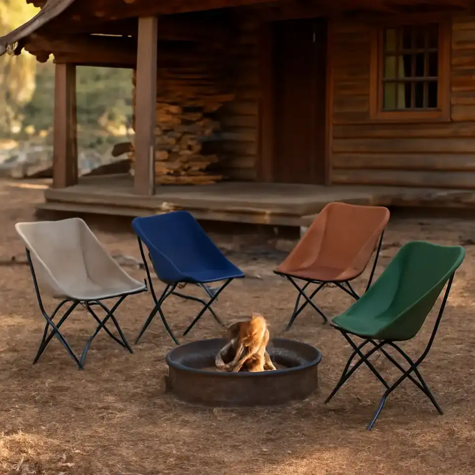 AI-generated editorial product photograph (not the exact linked listing) of packable camp seating set