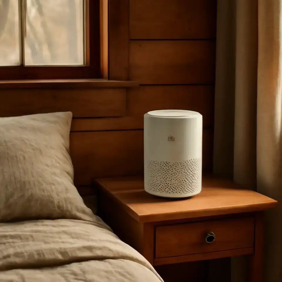 AI-generated editorial product photograph (not the exact linked listing) of portable battery-powered air purifier