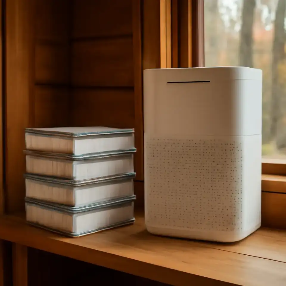 AI-generated editorial product photograph (not the exact linked listing) of replacement hepa-style filter multipack