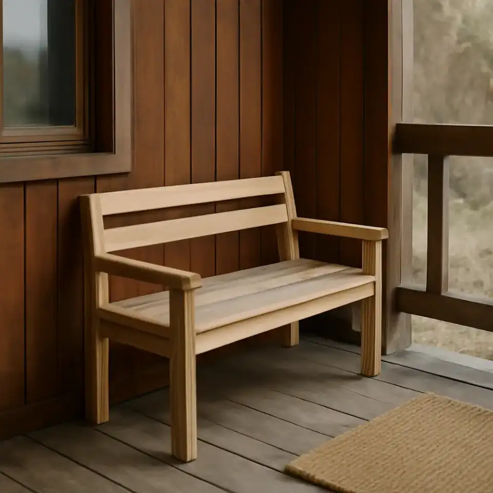 AI-generated editorial product photograph (not the exact linked listing) of small-space porch bench