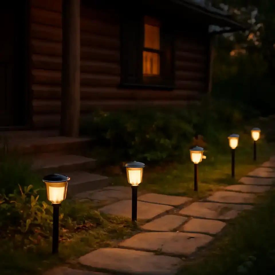 AI-generated editorial product photograph (not the exact linked listing) of solar path lights