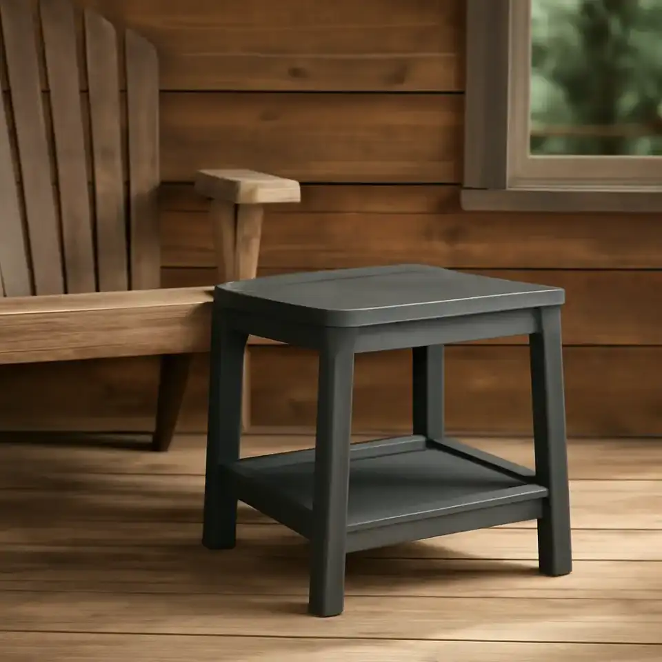 AI-generated editorial product photograph (not the exact linked listing) of stackable outdoor side table