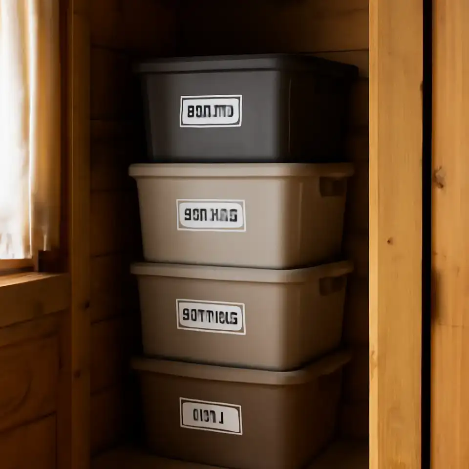 AI-generated editorial product photograph (not the exact linked listing) of stackable seasonal storage totes