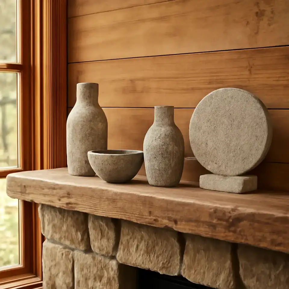 AI-generated editorial product photograph (not the exact linked listing) of stone-look accent decor set