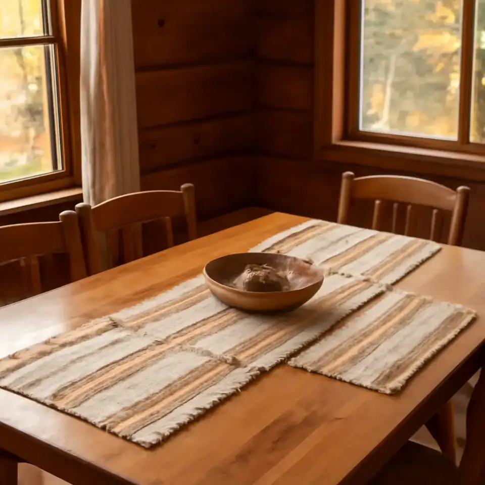 AI-generated editorial product photograph (not the exact linked listing) of table runner and accent set