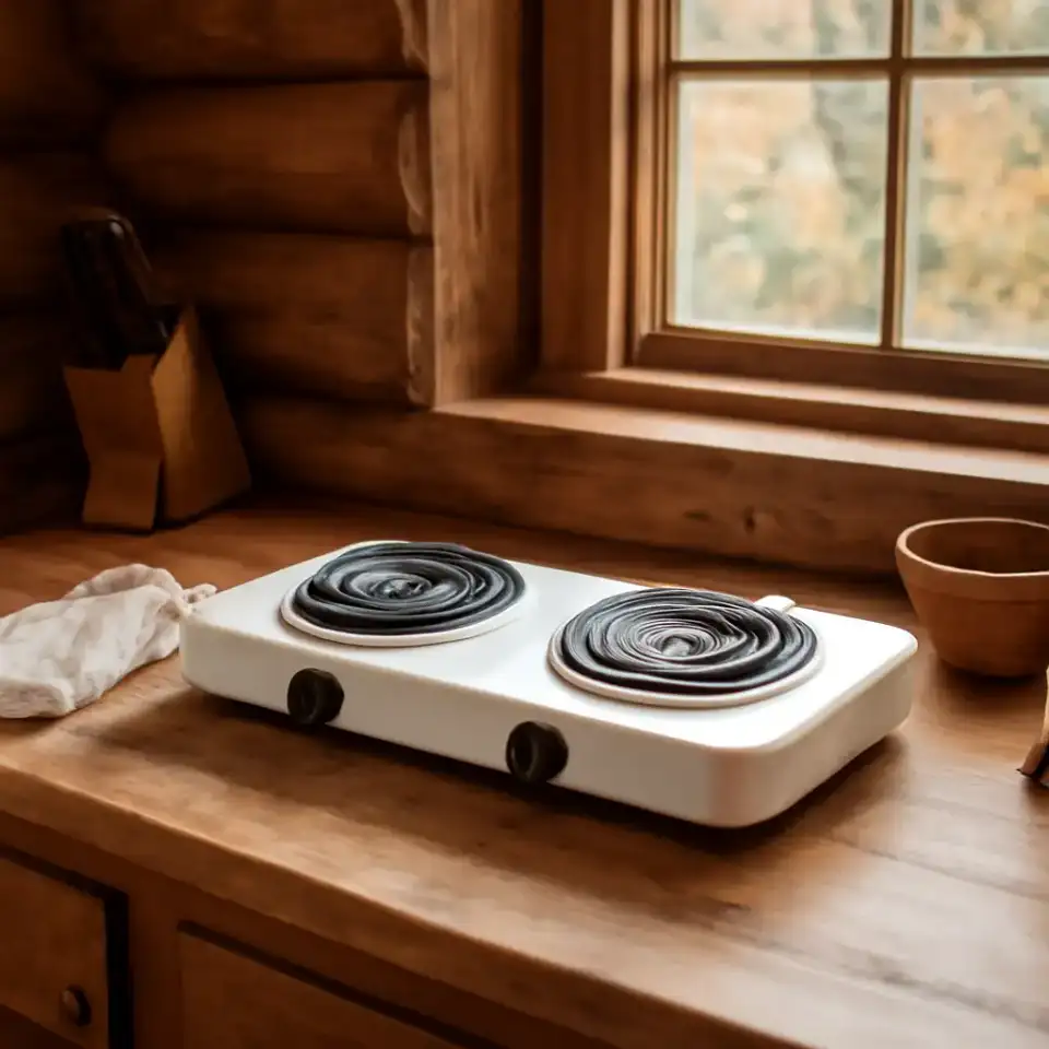 AI-generated editorial product photograph (not the exact linked listing) of two-burner portable cooktop